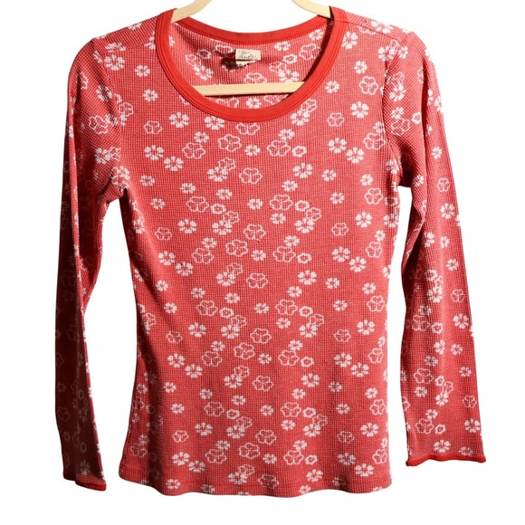 Free People Tops - VTG Free People Tomato Red Floral Thermal Top Long Sleeve Y2K M USA Made Grunge